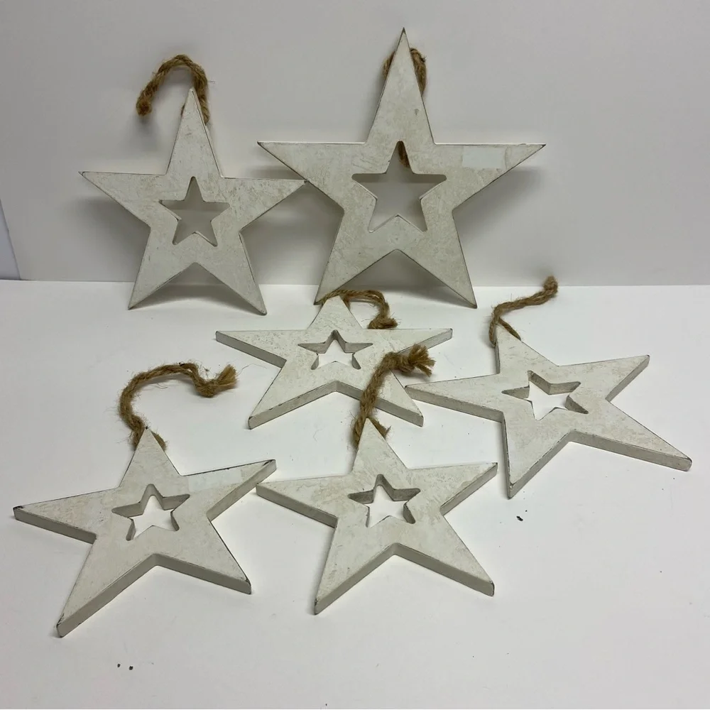 Set of 6 Wooden Hanging Stars White Rustic Country July 4th Christmas - Picture 4 of 6